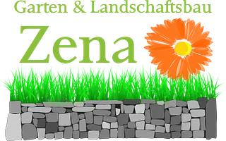 Logo von Zena Gartenbau. Grüner Schriftzug mit einer orangenen Blume und einer Mauer.
